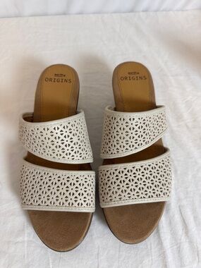 Origins Cream Laser-Cut Double Strap Slide Sandals